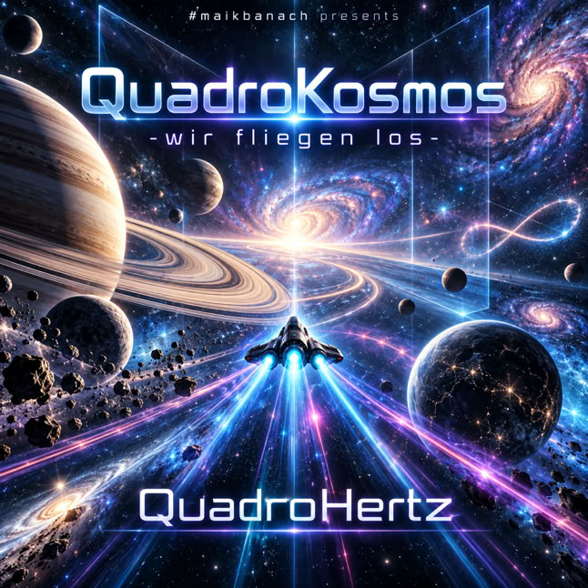 Ein Raumschiff fliegt durch einen bunten Weltraum mit Planeten und Sternen, umgeben von leuchtenden Lichteffekten. Text: "QuadroKosmos - wir fliegen los - QuadroHertz".