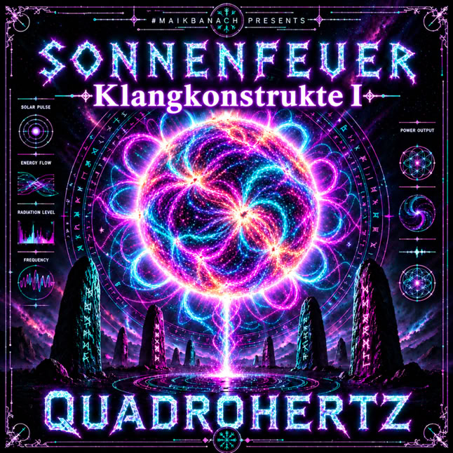 Psychedelisches Cover mit leuchtendem, spiralf&ouml;rmigem Muster in der Mitte, umgeben von geometrischen Symbolen und Texten in Neonfarben.