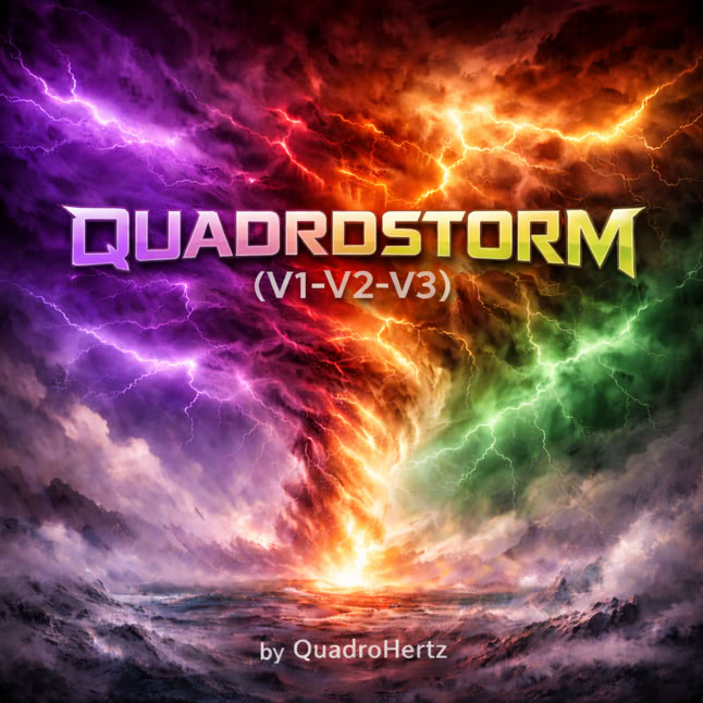 Ein farbenfroher Wirbelsturm aus lila, orange, gr&uuml;n und rot mit dem Text "QUADROSTORM (V1-V2-V3)" in der Mitte und "by QuadroHertz" darunter.